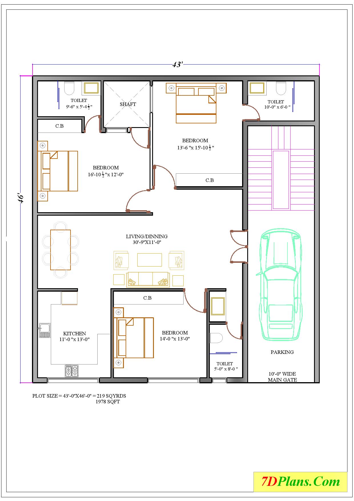 HOUSE PLAN OF PLOT SIZE 43 X46 43 FEET BY 46 FEET 220 SQUARE YARDS NORTH EAST LAYOUT PLAN