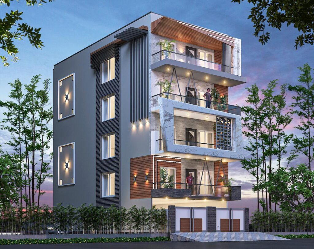 MODERN ELEVATION DESIGN STILT 4 FLOOR RESIDENTIAL BUILDING 7DPlans